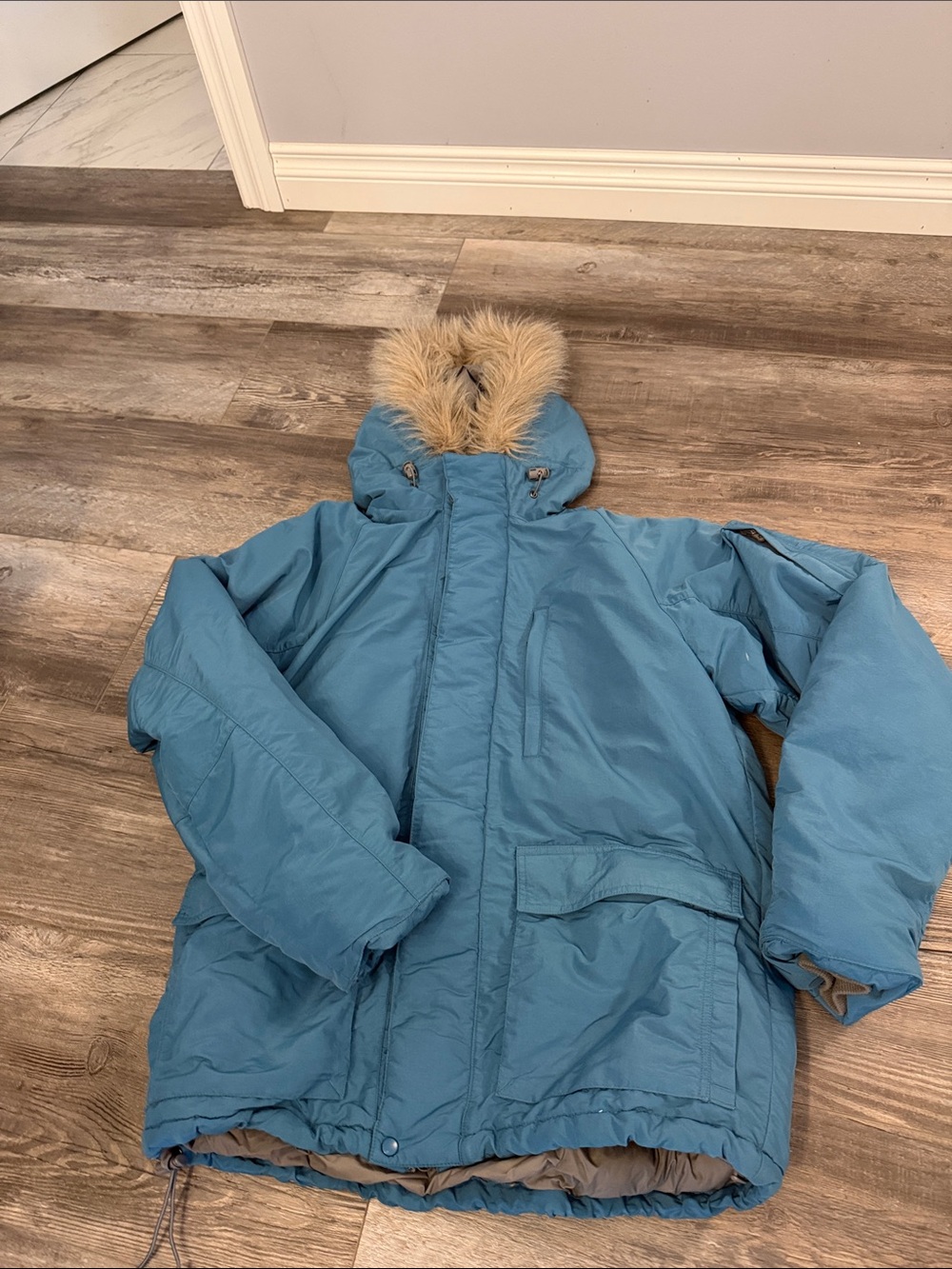 MEC Women’s Blue Hooded Winter Coat with Faux Fur Trim